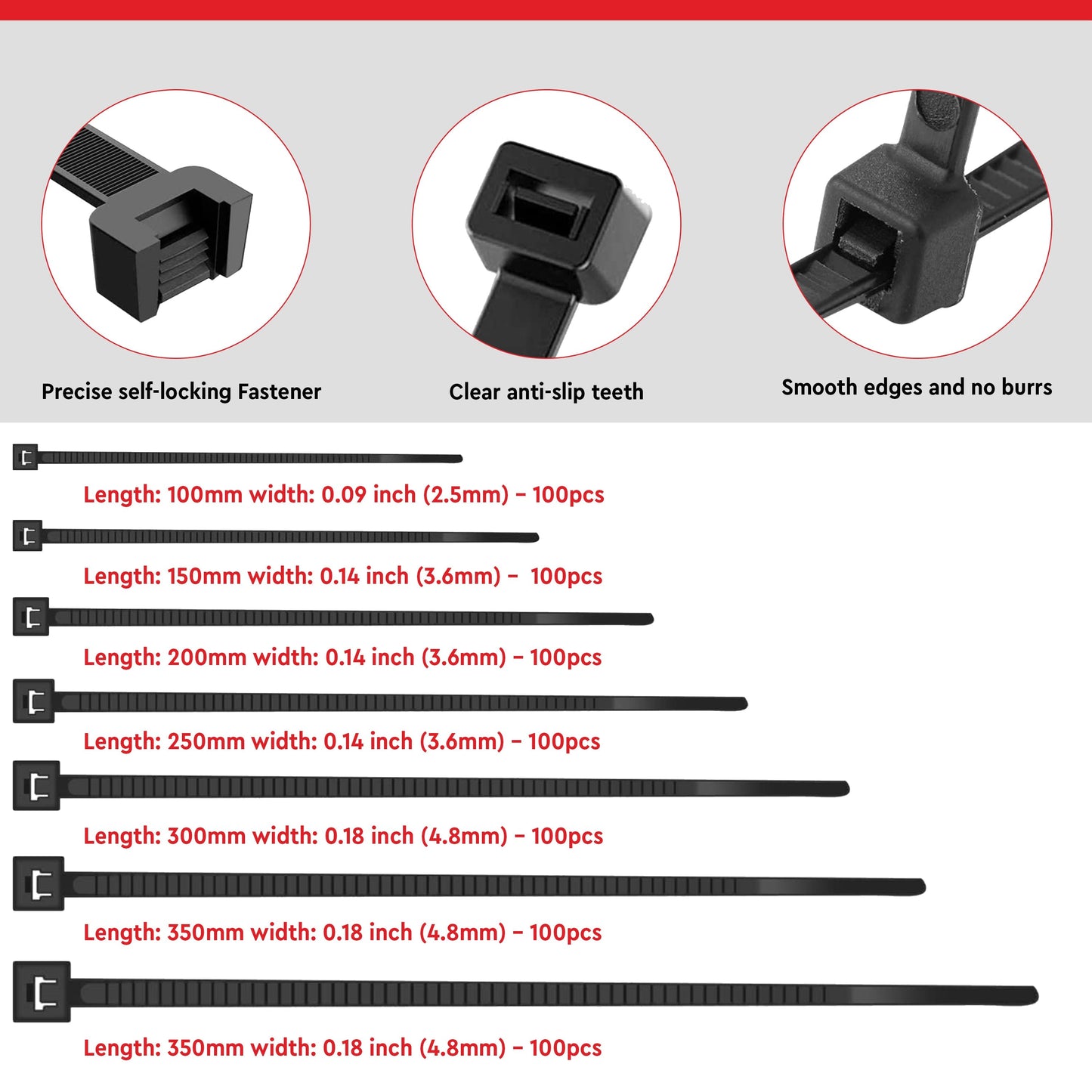 Self Locking Cable Ties, 350 X 4.8 mm, Black, Heat Resistant Cable Zip Ties, Self-Locking Cable Organizer, Anti - Slip Wire Organizer, For Indoor & Outdoor Use Kunplast