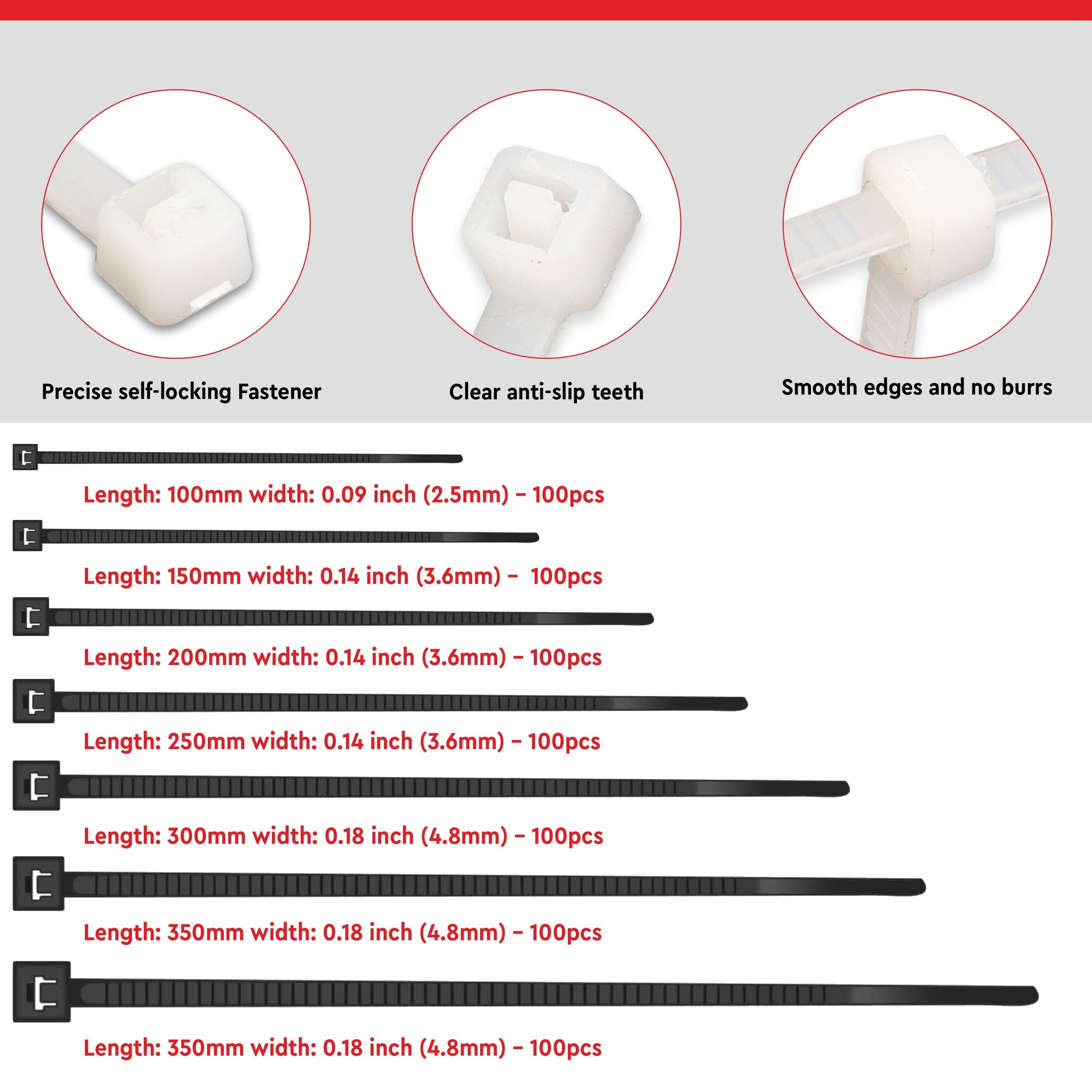 Locking Cable Ties, 400 X 4.8 mm, White, Heat Resistant Cable Zip Ties, Self-Locking Cable Organizer, Anti - Slip Wire Organizer, For Indoor & Outdoor Use Kunplast
