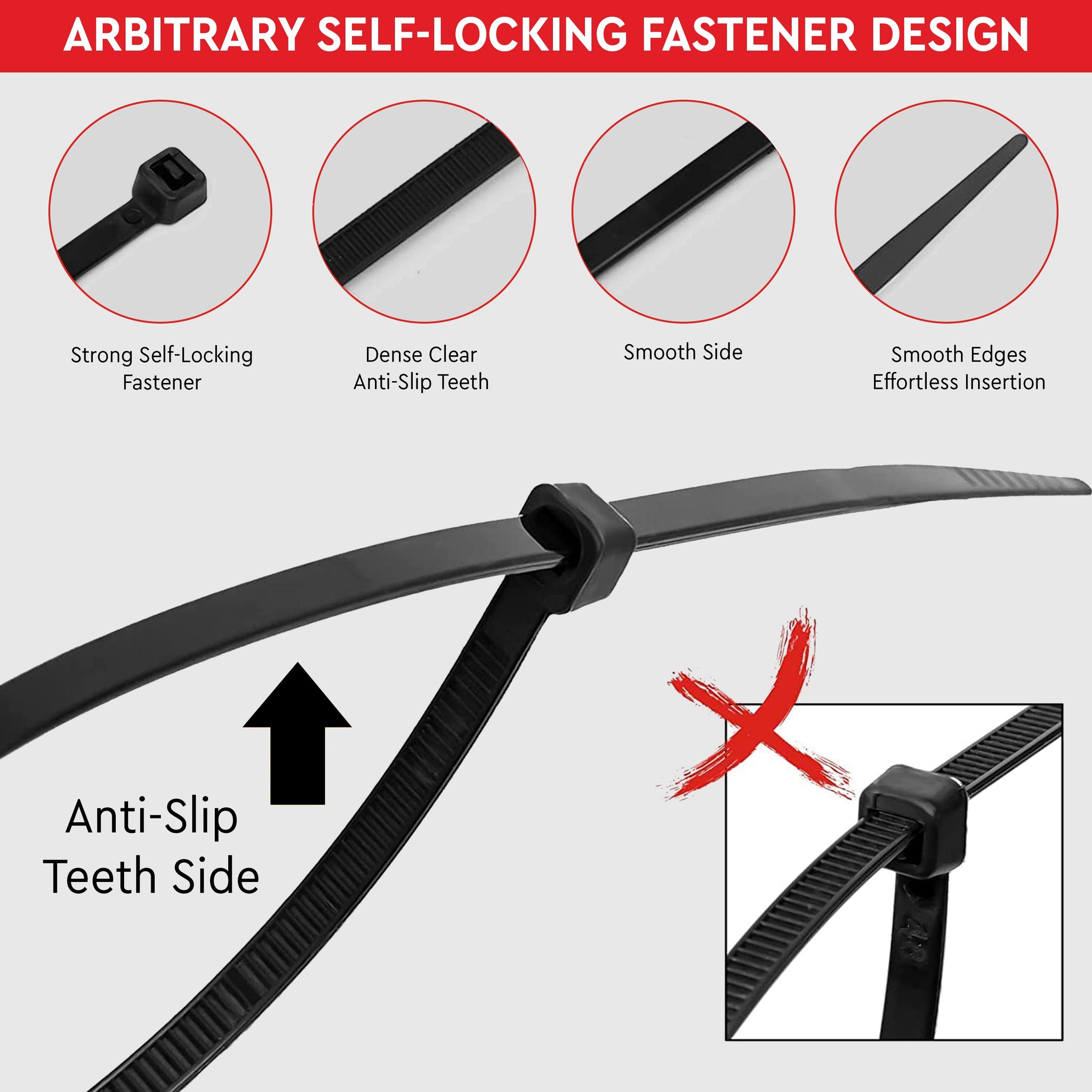 Self Locking Cable Ties, 350 X 4.8 mm, Black, Heat Resistant Cable Zip Ties, Self-Locking Cable Organizer, Anti - Slip Wire Organizer, For Indoor & Outdoor Use Kunplast