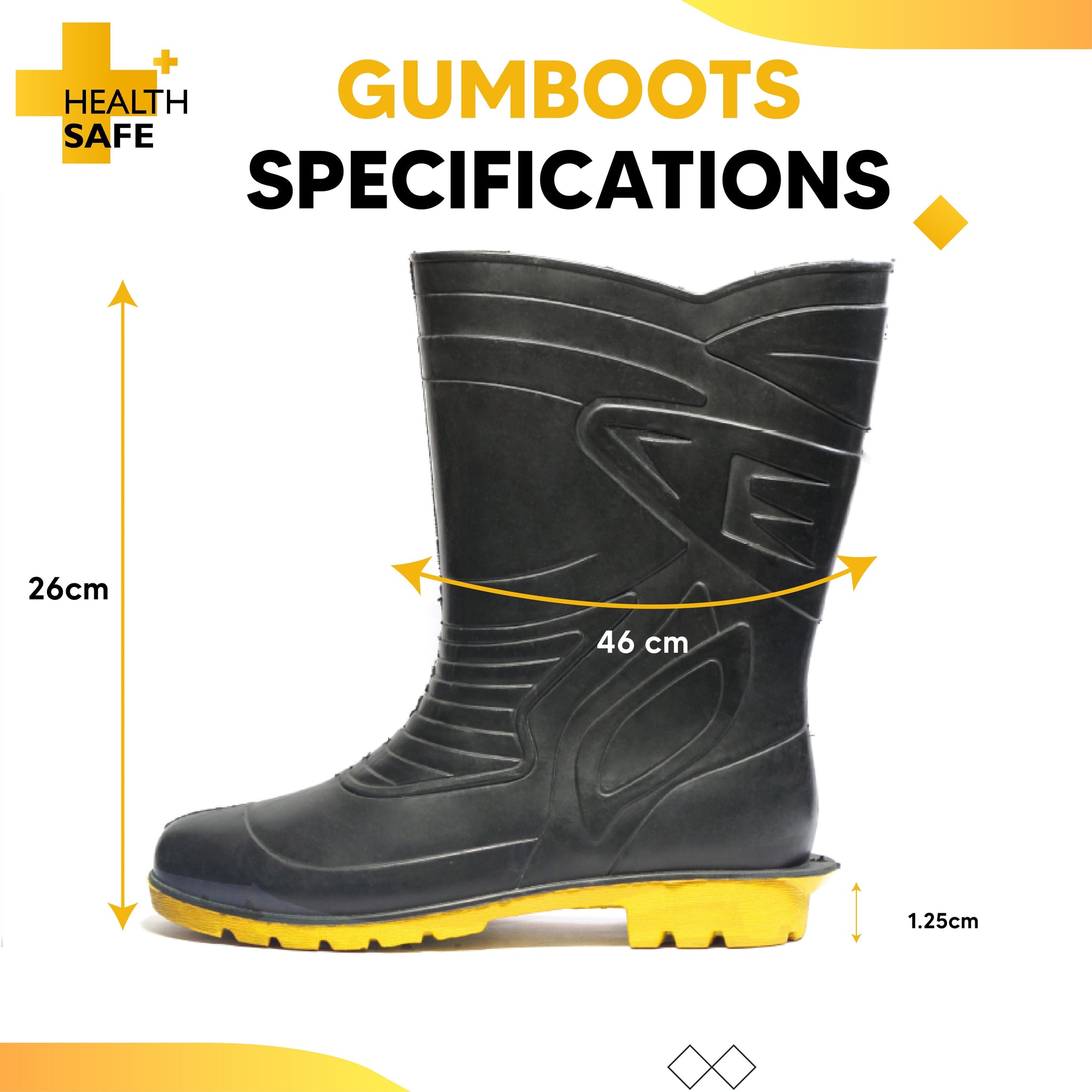 Health Safe Gum Boot For Men, (28.5cm Height) (Black/Yellow) Flexible PVC, Oil/Water/Acid Resistance, Industrial/Labor/Worker Purpose, Unisex Gumboot Kunplast