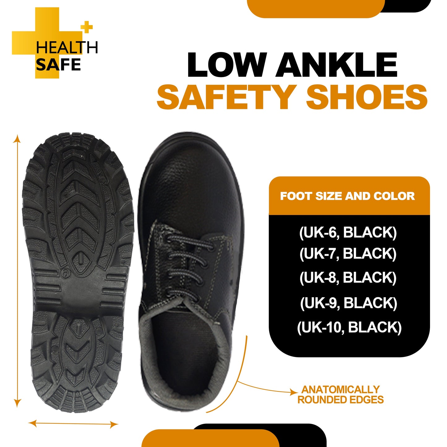 Health Safe Low Ankle Safety Shoes For Men & Women, Synthetic Leather Upper, Steel Toe Leather Safety Shoe (Black) Kunplast