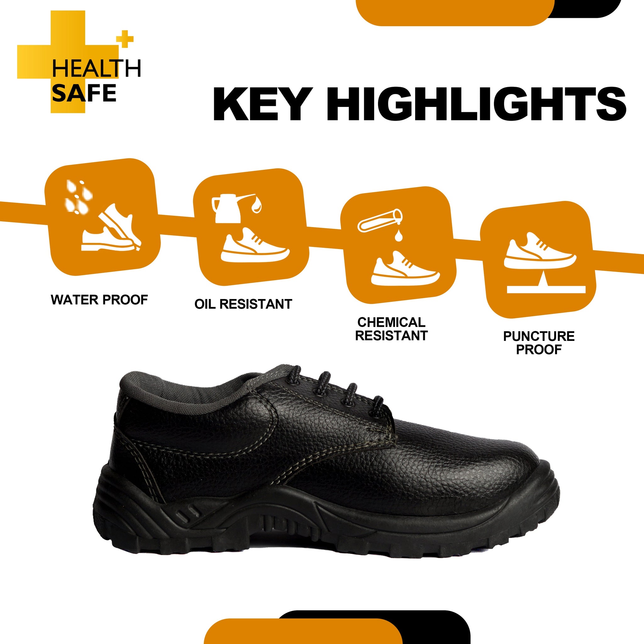 Health Safe Low Ankle Safety Shoes For Men & Women, Synthetic Leather Upper, Steel Toe Leather Safety Shoe (Black) Kunplast