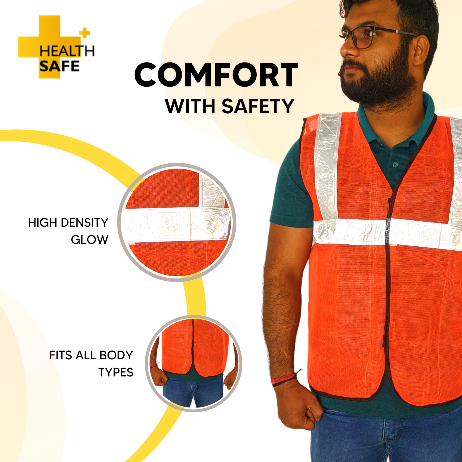 HEALTH SAFE Polyster Fabric Orange Reflective Safety Jacket  Safety Coat with Velcro Clousure for Traffic, Sports, Construction Site Kunplast
