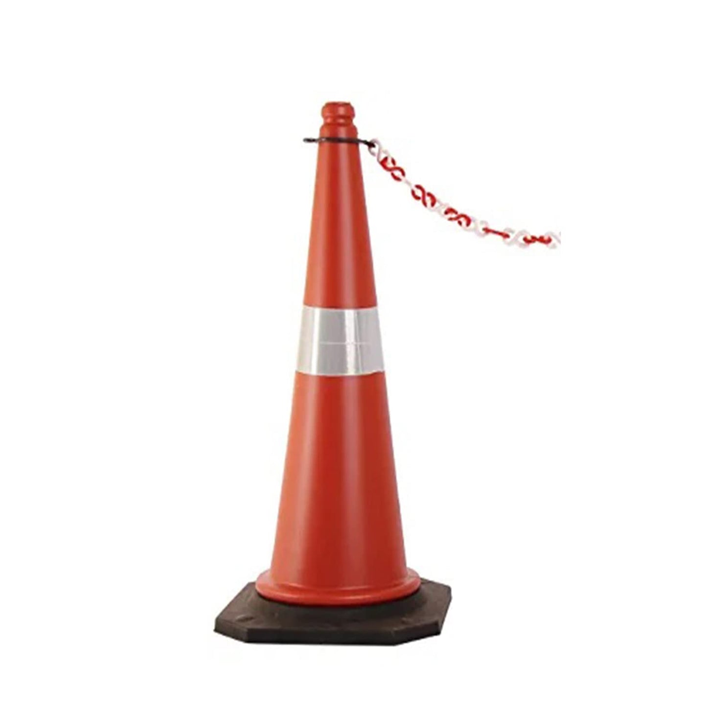 Kunplast Road Traffic Cone with weighted Rubber Base, Pack of 1 cones 1000mm with 6=1mtr chain + 1 hook (High Visibility Red Street Cone with Reflective Strips Collar)