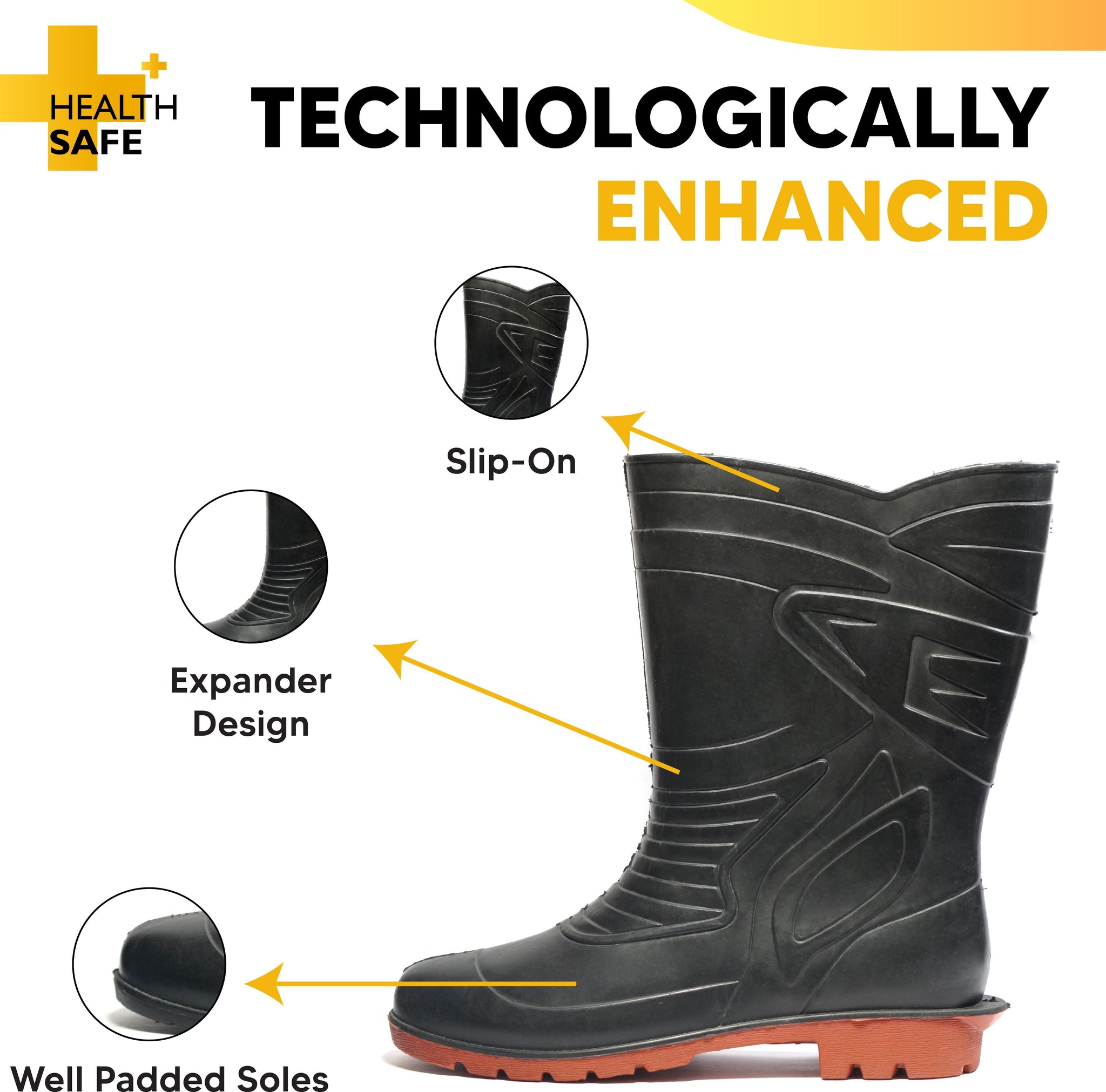 Health Safe Gum Boot For Men, (28.5cm Height) (Black/Red) Flexible PVC, Puncture & Tear Resistant, Anti-Slip, Oil/Water/Acid Resistance, Lightweight, Industrial/Labor Purpose, Unisex Gumboot Kunplast