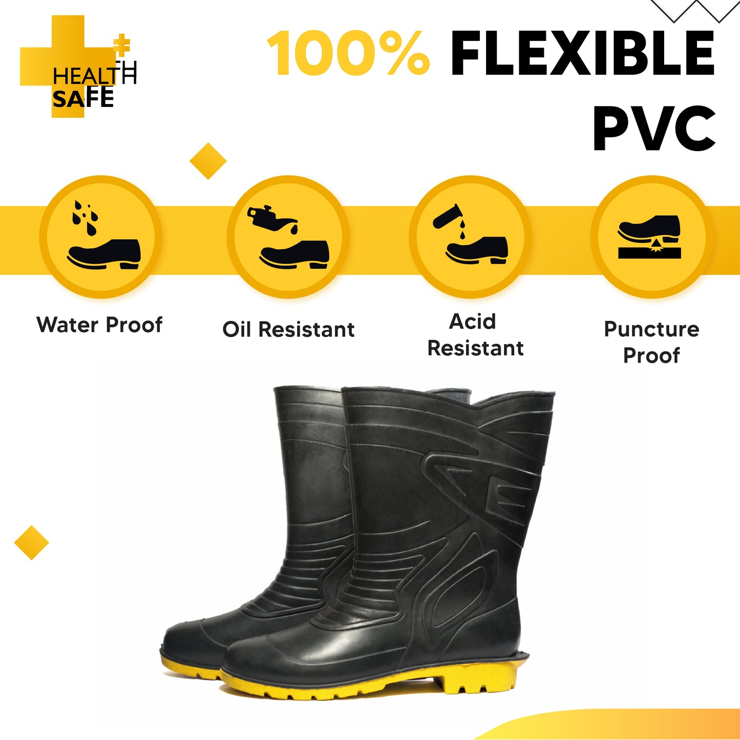 Health Safe Gum Boot For Men, (28.5cm Height) (Black/Yellow) Flexible PVC, Oil/Water/Acid Resistance, Industrial/Labor/Worker Purpose, Unisex Gumboot Kunplast