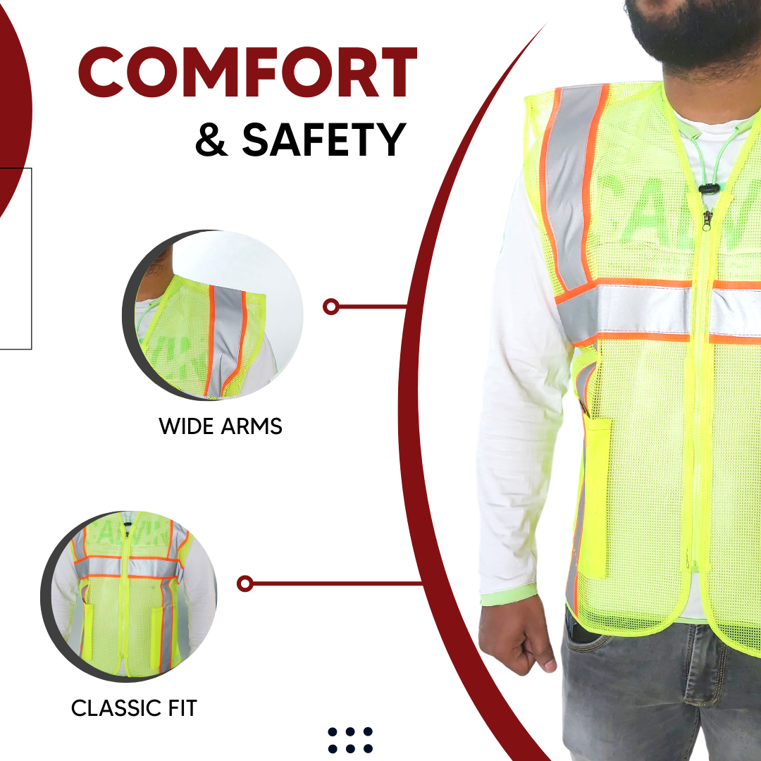 Polyster Fabric V Neck Reflective Safety Jacket, Safety Coat for Traffic, Sports, Construction Site (GREEN ZIPPER) Kunplast