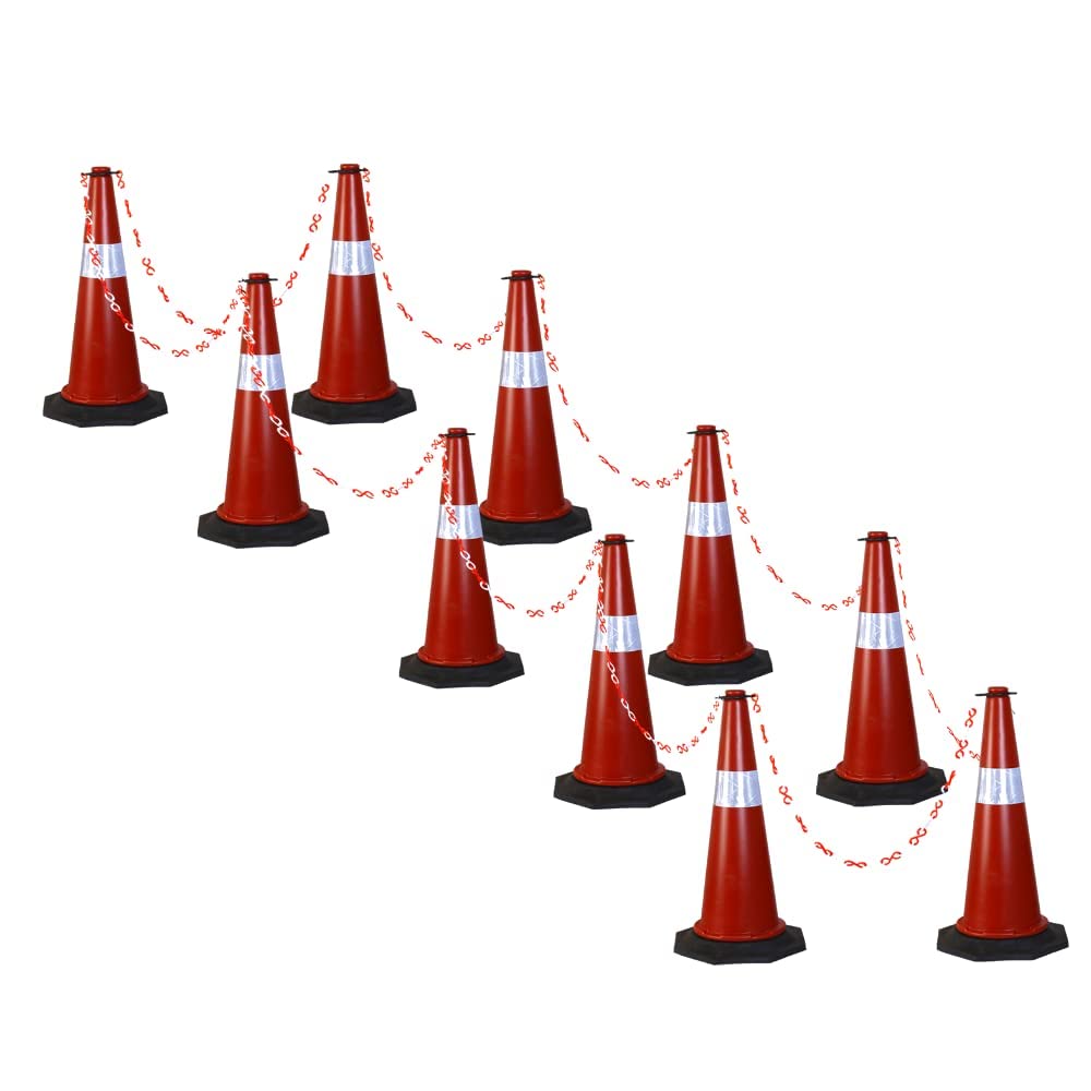 Kunplast Road Traffic Cone with Weighted Rubber Base, Pack of 2 cones 750mm with 2mtr chain + 2 hook (High Visibility Safety Cone with Reflective Strips Collar)