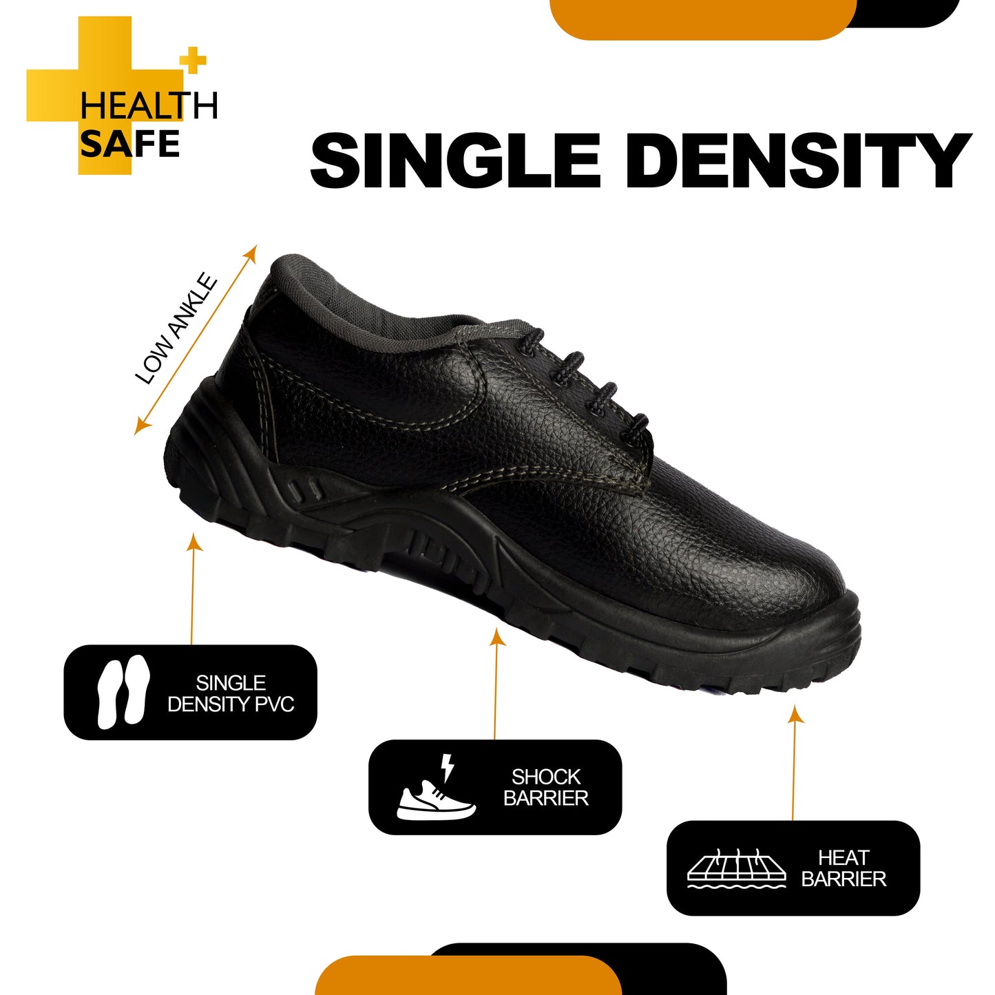 Health Safe Low Ankle Safety Shoes For Men & Women, Synthetic Leather Upper, Steel Toe Leather Safety Shoe (Black) Kunplast