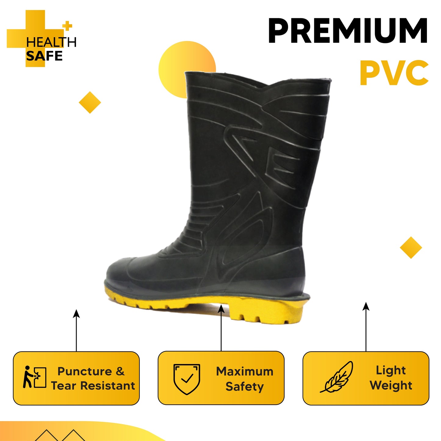 Health Safe Gum Boot For Men, (28.5cm Height) (Black/Yellow) Flexible PVC, Oil/Water/Acid Resistance, Industrial/Labor/Worker Purpose, Unisex Gumboot Kunplast