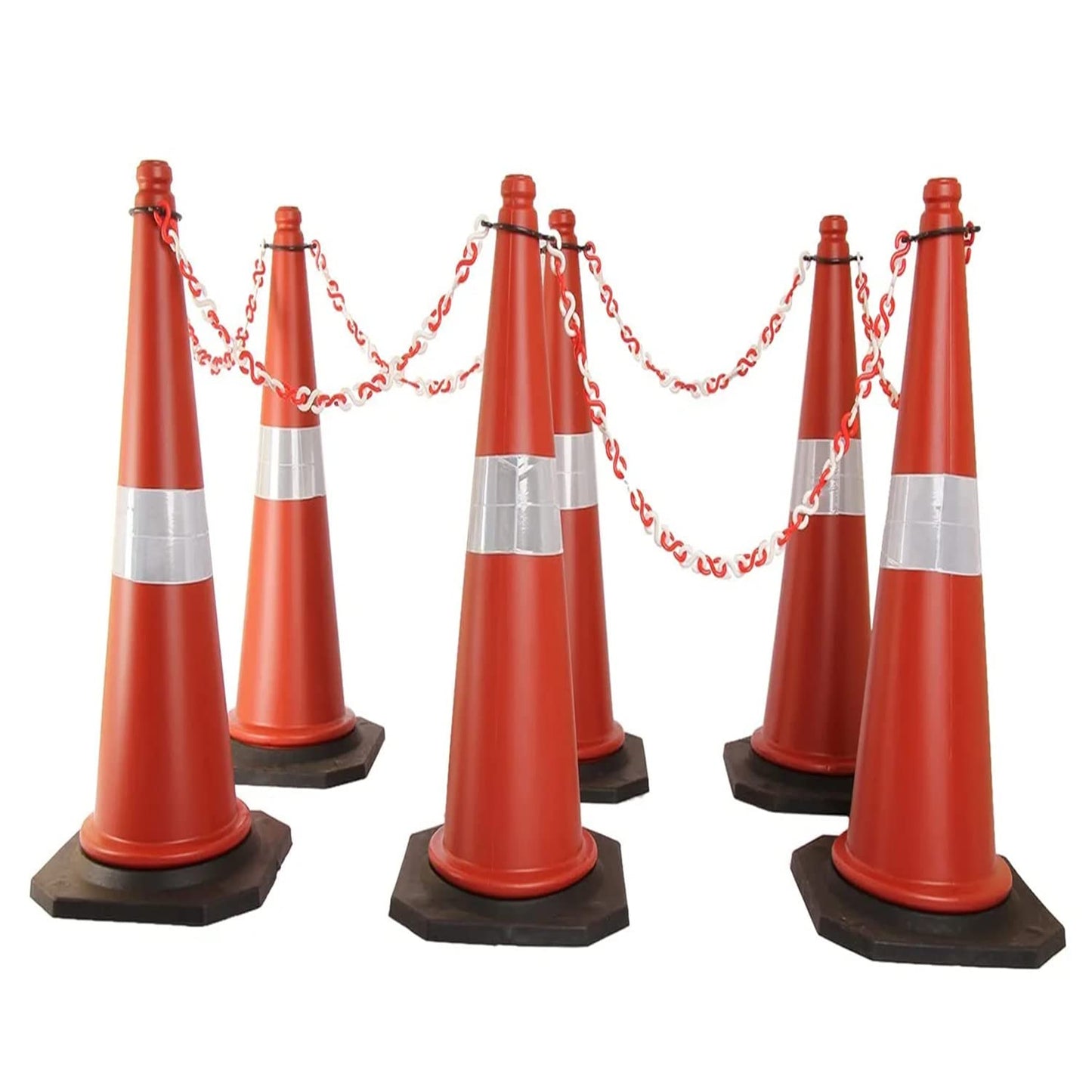 Kunplast Road Traffic Cone with weighted Rubber Base, Pack of 1 cones 1000mm with 6=1mtr chain + 1 hook (High Visibility Red Street Cone with Reflective Strips Collar)