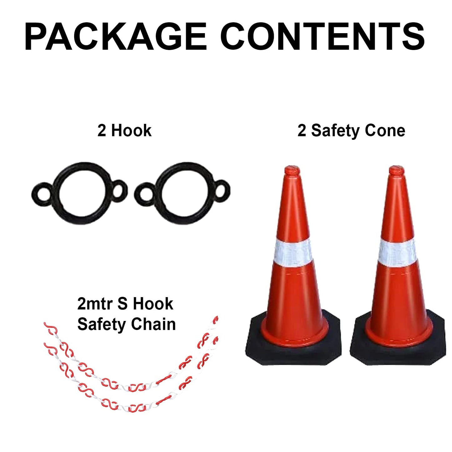 Kunplast Road Traffic Cone with Weighted Rubber Base, Pack of 2 cones 750mm with 2mtr chain + 2 hook (High Visibility Safety Cone with Reflective Strips Collar)
