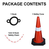Kunplast Road Traffic Cone with weighted Rubber Base, Pack of 1 cones 1000mm with 6=1mtr chain + 1 hook (High Visibility Red Street Cone with Reflective Strips Collar)