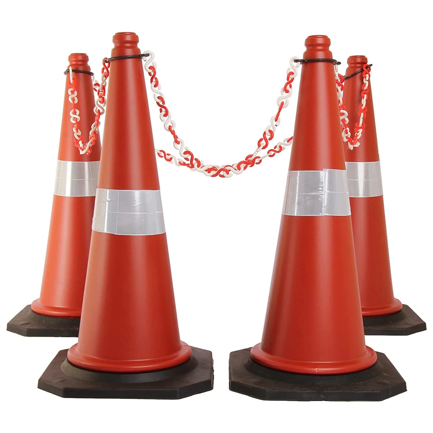 Kunplast Road Traffic Cone with Weighted Rubber Base, Pack of 2 cones 750mm with 2mtr chain + 2 hook (High Visibility Safety Cone with Reflective Strips Collar)