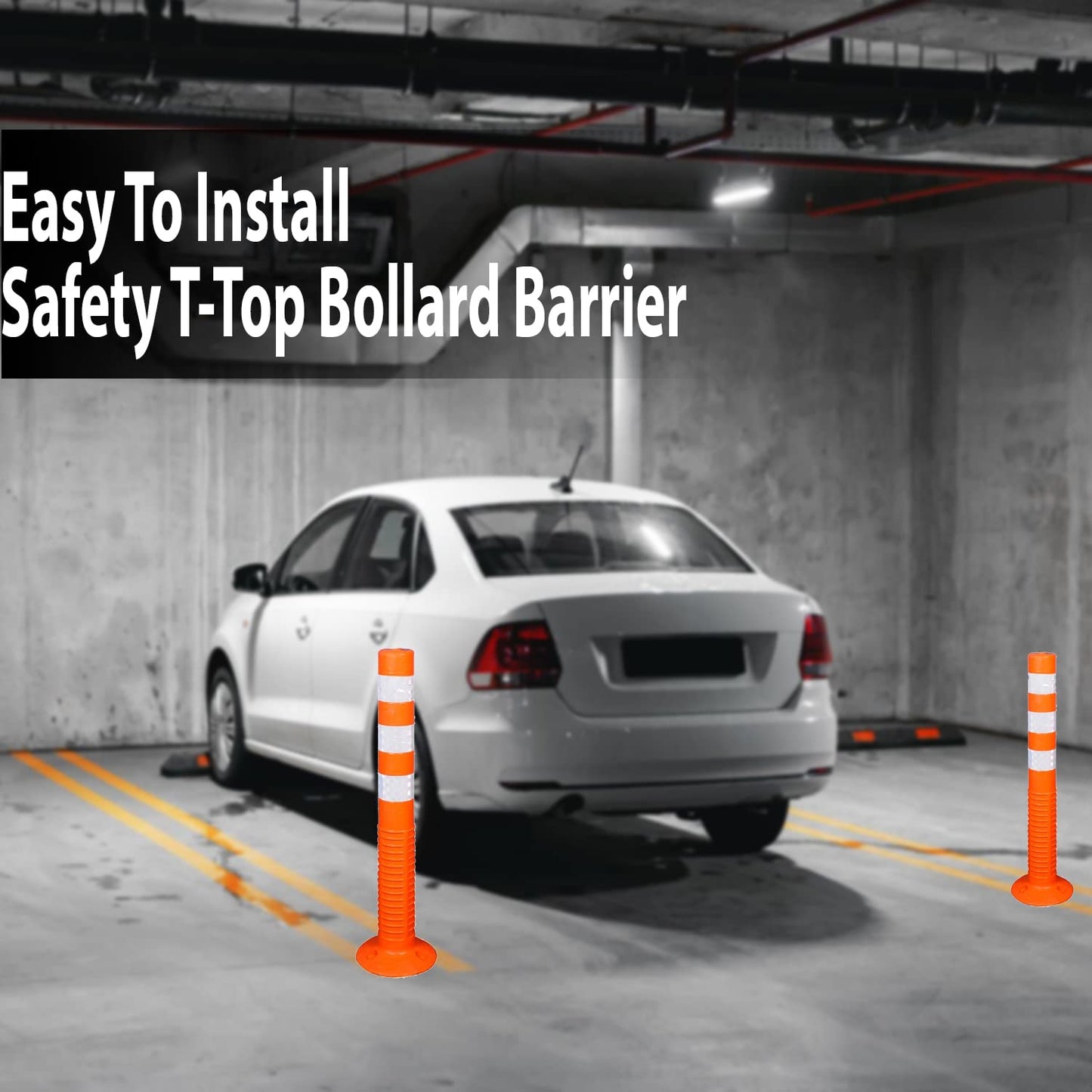 Kunplast Flexible Plastic Spring Post Barrier (Pack of 6) High Grade Polymer Material With 3 White Reflective Tapes Easy To Install Safety T- Top Bollard Barrier Parking Block (Orange) Kunplast