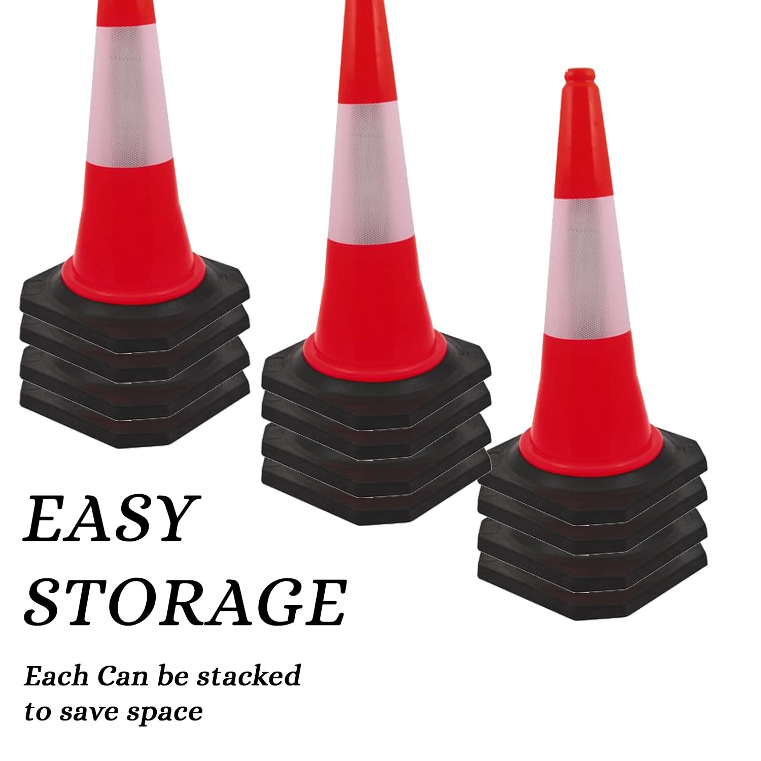 Kunplast Road Traffic Cone with Weighted Rubber Base, Pack of 2 cones 750mm with 2mtr chain + 2 hook (High Visibility Safety Cone with Reflective Strips Collar)