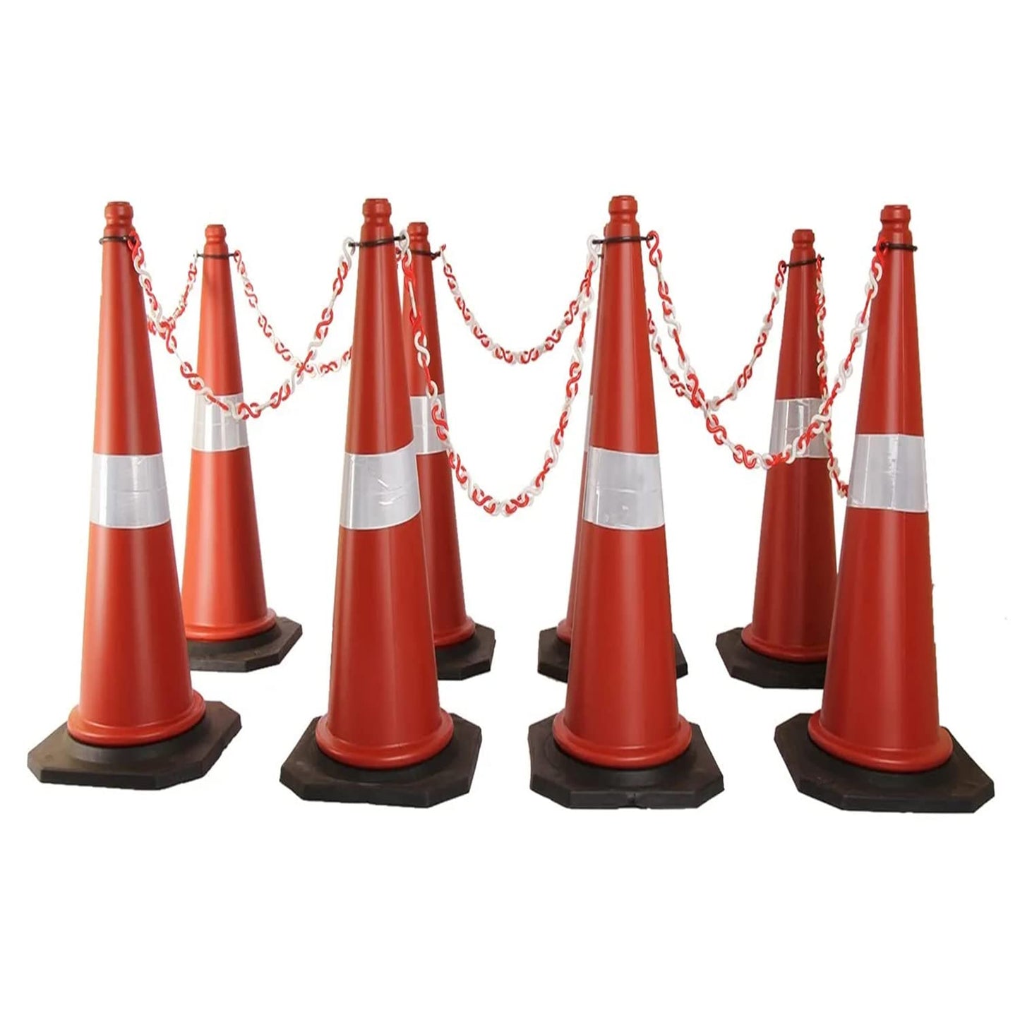 Kunplast Road Traffic Cone with weighted Rubber Base, Pack of 1 cones 1000mm with 6=1mtr chain + 1 hook (High Visibility Red Street Cone with Reflective Strips Collar)