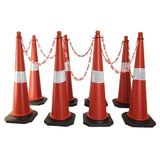 Kunplast Road Traffic Cone with weighted Rubber Base, Pack of 1 cones 1000mm with 6=1mtr chain + 1 hook (High Visibility Red Street Cone with Reflective Strips Collar)