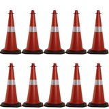 Kunplast Road Traffic Cone with weighted Rubber Base, Pack of 1 cones 1000mm with 6=1mtr chain + 1 hook (High Visibility Red Street Cone with Reflective Strips Collar)