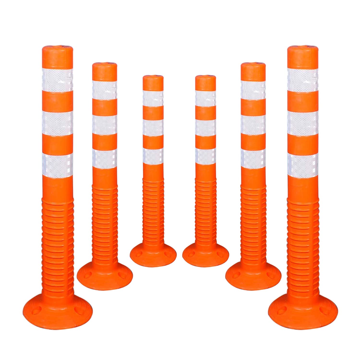 Kunplast Flexible Plastic Spring Post Barrier (Pack of 6) High Grade Polymer Material With 3 White Reflective Tapes Easy To Install Safety T- Top Bollard Barrier Parking Block (Orange) Kunplast