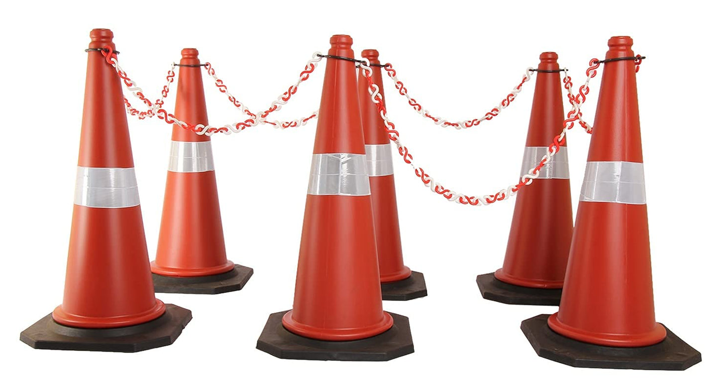 Kunplast Road Traffic Cone with Weighted Rubber Base, Pack of 2 cones 750mm with 2mtr chain + 2 hook (High Visibility Safety Cone with Reflective Strips Collar)