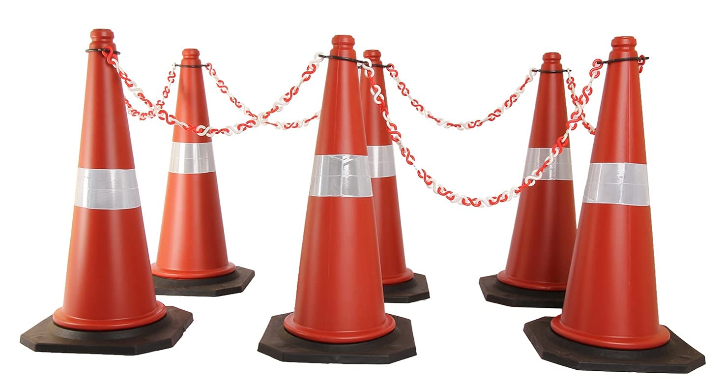 Kunplast Road Traffic Cone with Weighted Rubber Base, Pack of 2 cones 750mm with 2mtr chain + 2 hook (High Visibility Safety Cone with Reflective Strips Collar)