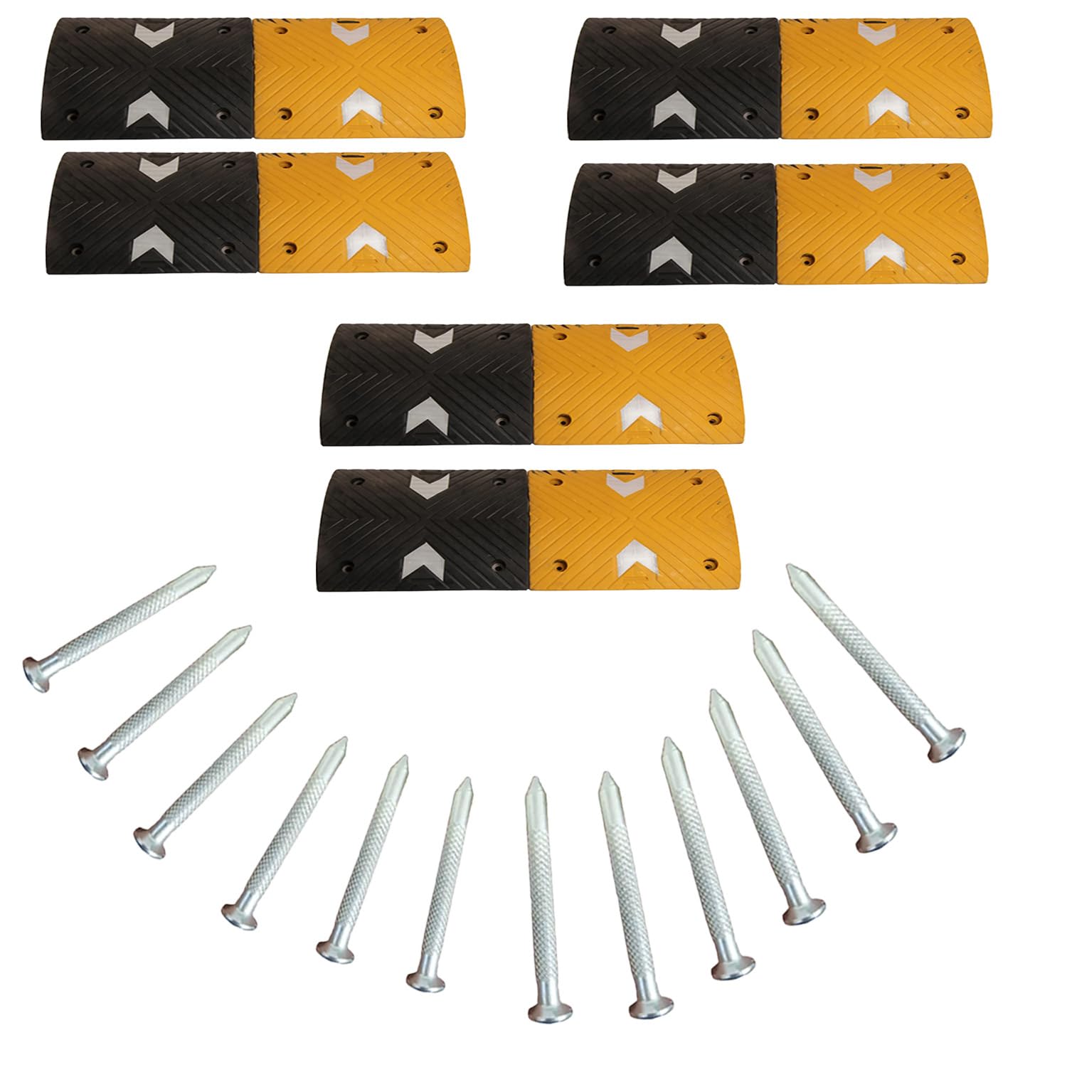 Kunplast High-Performance Rubber Speed Breaker with Robust Load Capacity, 6 Meters, 50mm, Black and Yellow Traffic Control (6 Yellow Sections, 6 Black Sections, Includes Nails)