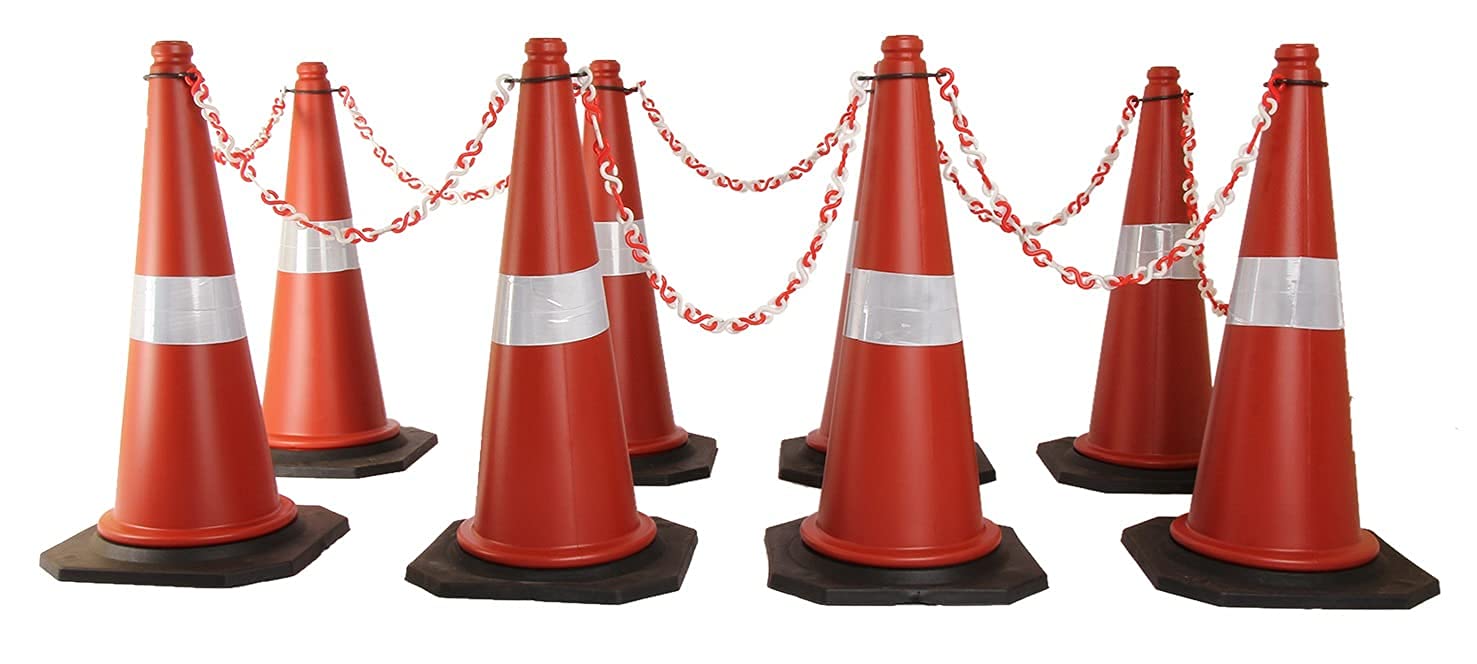 Kunplast Road Traffic Cone with Weighted Rubber Base, Pack of 2 cones 750mm with 2mtr chain + 2 hook (High Visibility Safety Cone with Reflective Strips Collar)