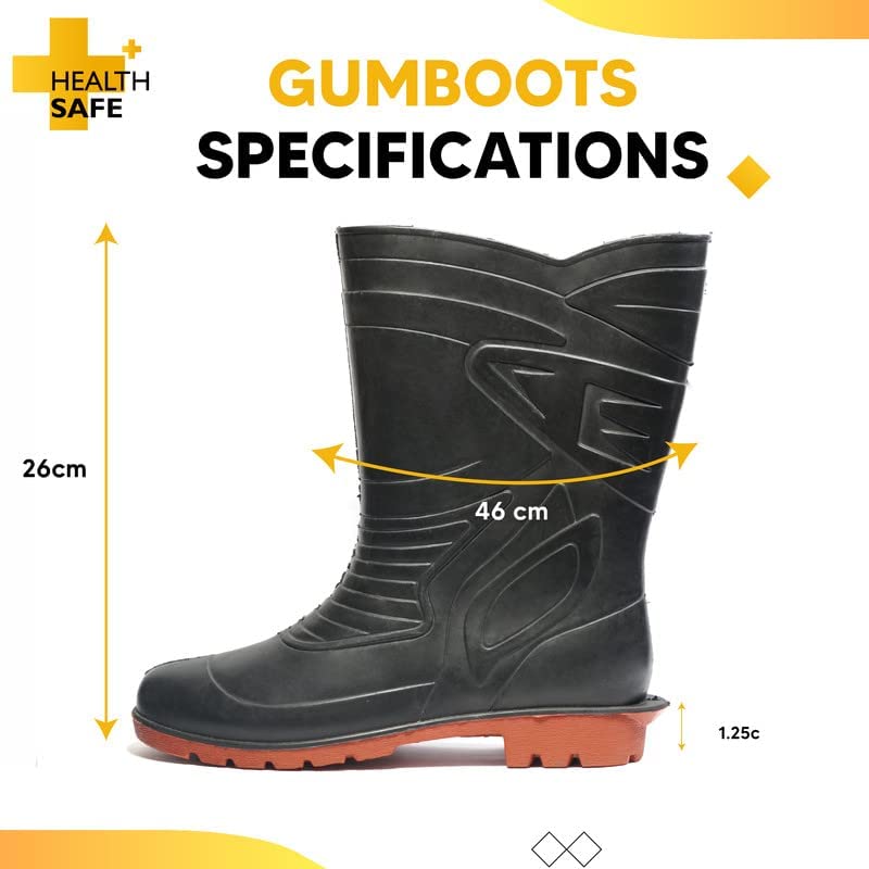 Health Safe Gum Boot For Men, (28.5cm Height) (Black/Red) Flexible PVC, Puncture & Tear Resistant, Anti-Slip, Oil/Water/Acid Resistance, Lightweight, Industrial/Labor Purpose, Unisex Gumboot Kunplast