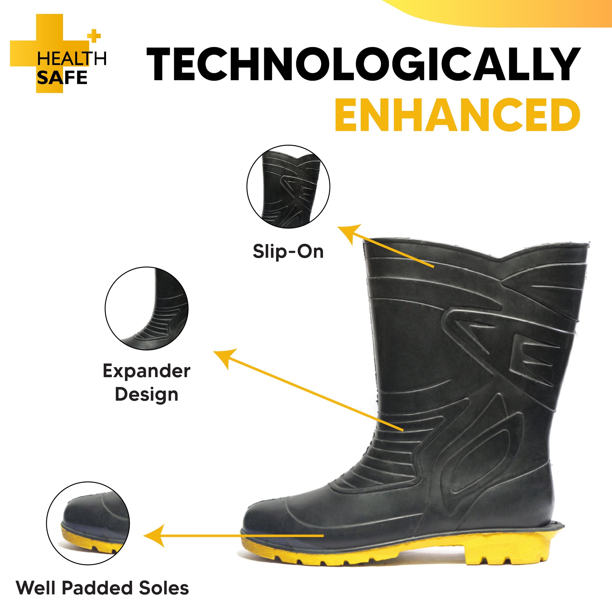 Health Safe Gum Boot For Men, (28.5cm Height) (Black/Yellow) Flexible PVC, Oil/Water/Acid Resistance, Industrial/Labor/Worker Purpose, Unisex Gumboot Kunplast