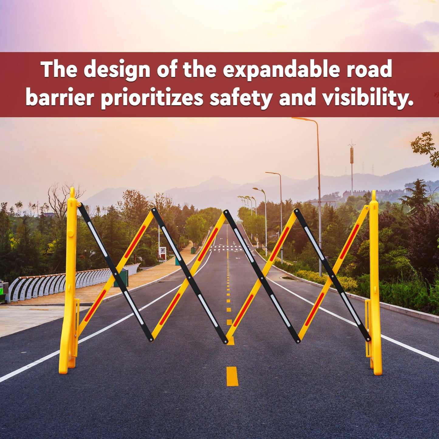 Yellow & Red Expandable Barricade, 8.3 Feet, Adjustable Road Barricade with Reflective Strips Kunplast