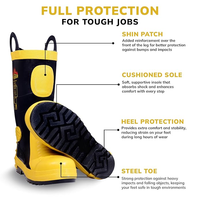 Steel Toe Fire Safety Gumboot - Yellow | Anti-Slip & Anti-Puncture Sole Fire Boots for Men| High Temperature Rubber Industrial Work Fire Gumboots for Construction, Firefighters Kunplast