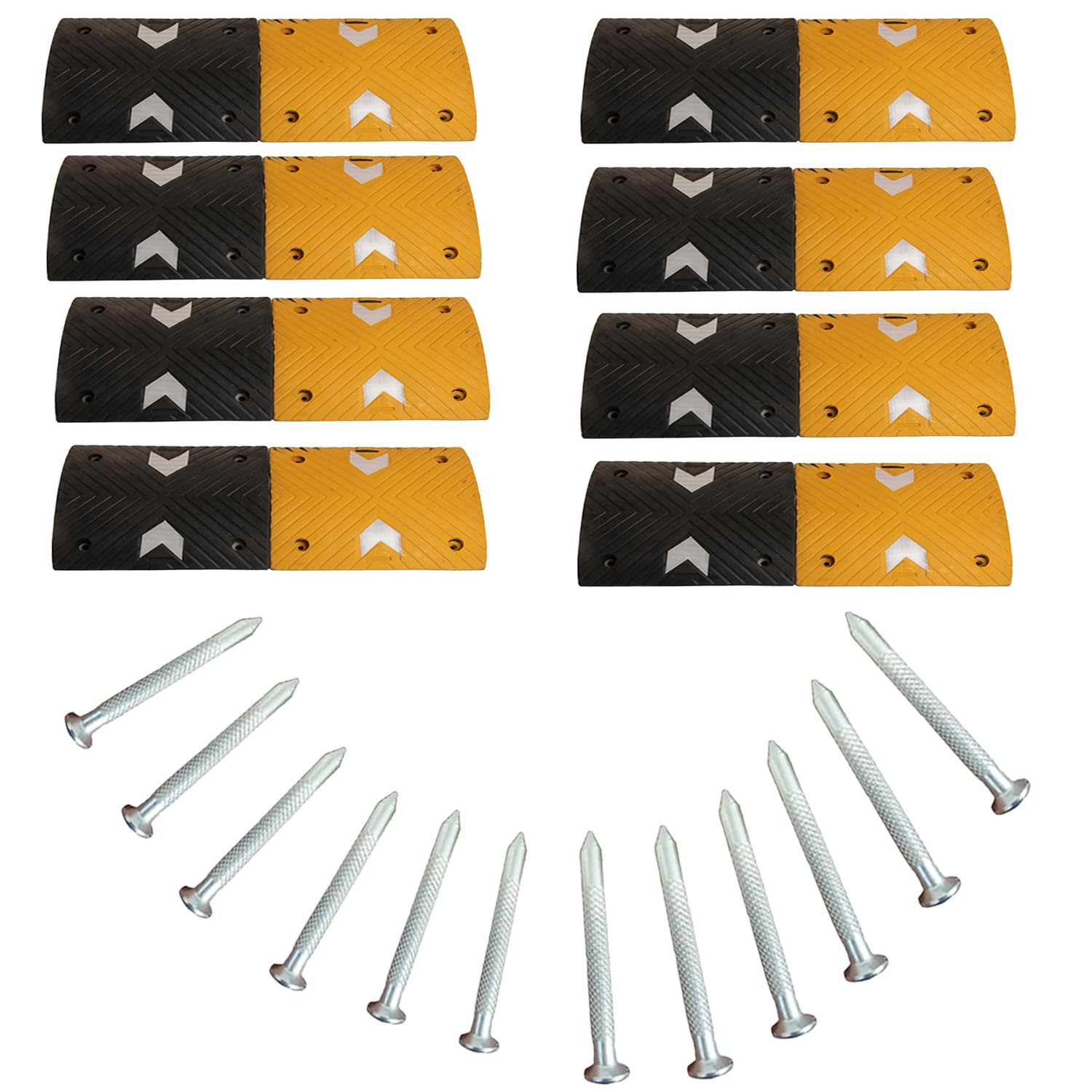 Kunplast High-Performance Rubber Speed Breaker with Robust Load Capacity, 8 Meters, 50mm, Black and Yellow Traffic Control (8 Yellow Sections, 8 Black Sections, Includes Nails)