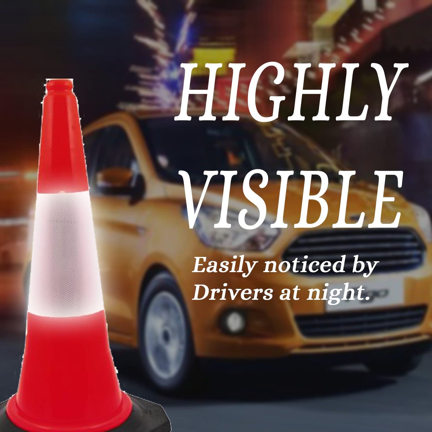 Kunplast Road Traffic Cone with weighted Rubber Base, Pack of 1 cones 1000mm with 6=1mtr chain + 1 hook (High Visibility Red Street Cone with Reflective Strips Collar)