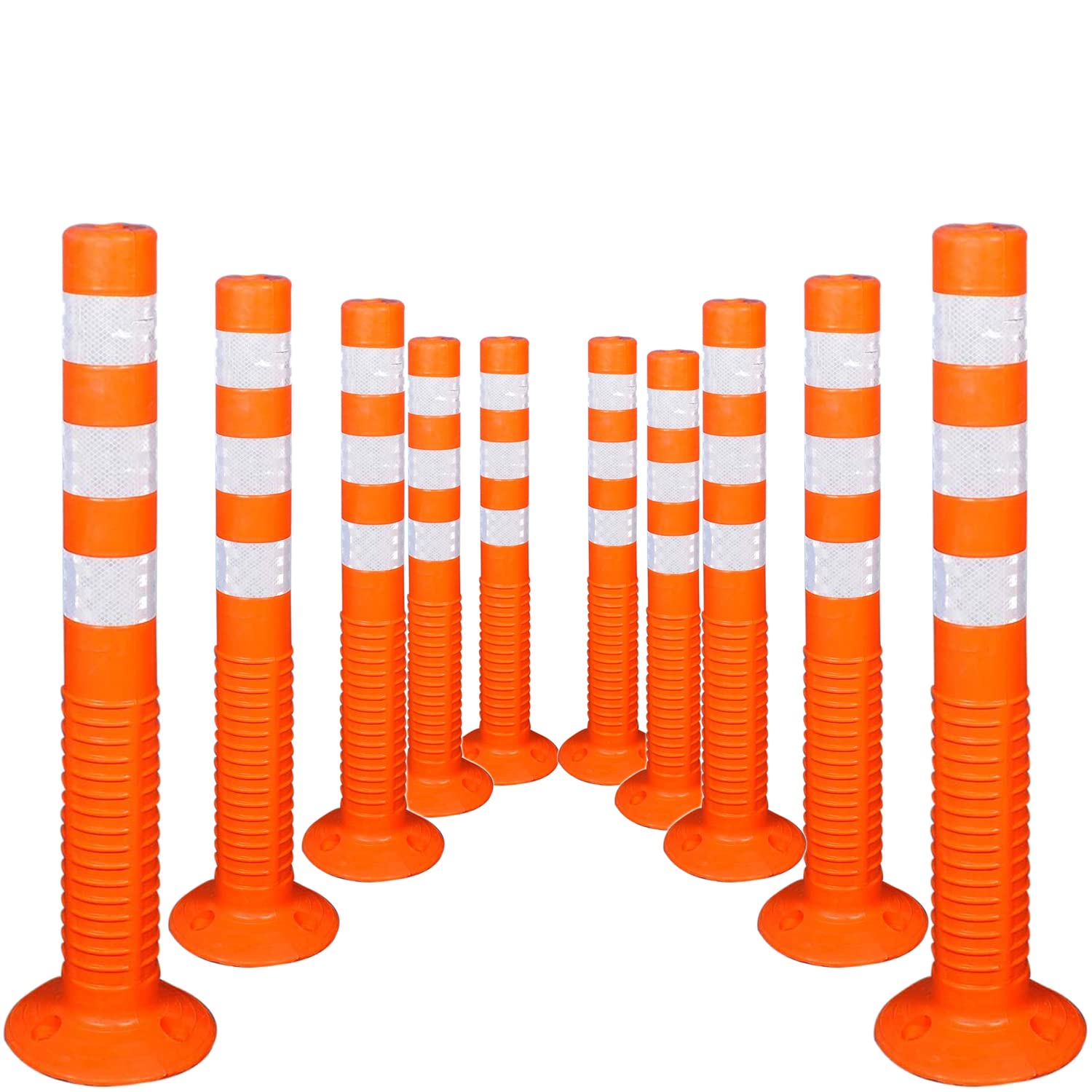 Kunplast Flexible Plastic Spring Post Barrier (Pack of 6) High Grade Polymer Material With 3 White Reflective Tapes Easy To Install Safety T- Top Bollard Barrier Parking Block (Orange) Kunplast