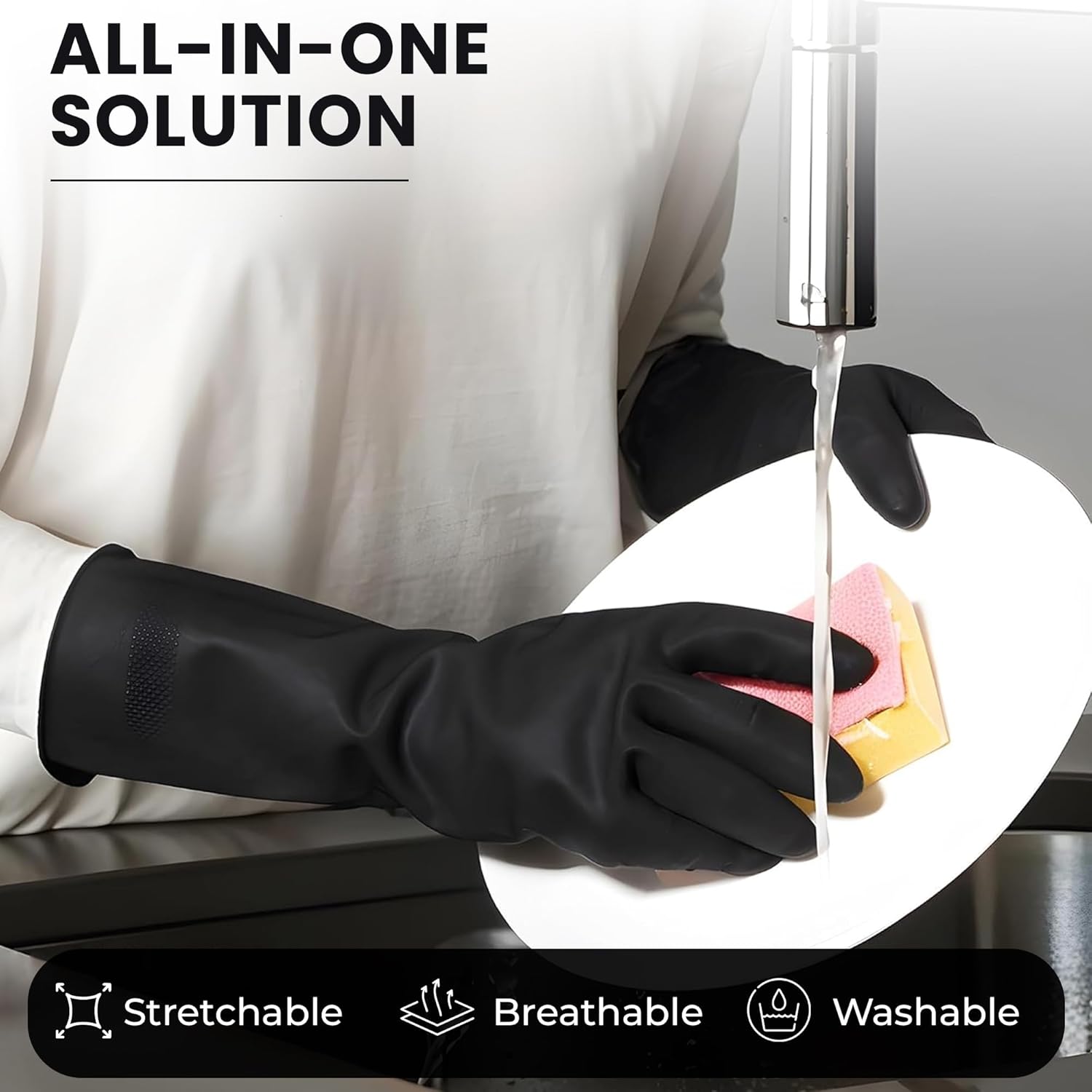Heavy Duty Rubber Hand gloves - (X-Large, Black) for Dishwashing, gardening, kitchen cleaning Kunplast