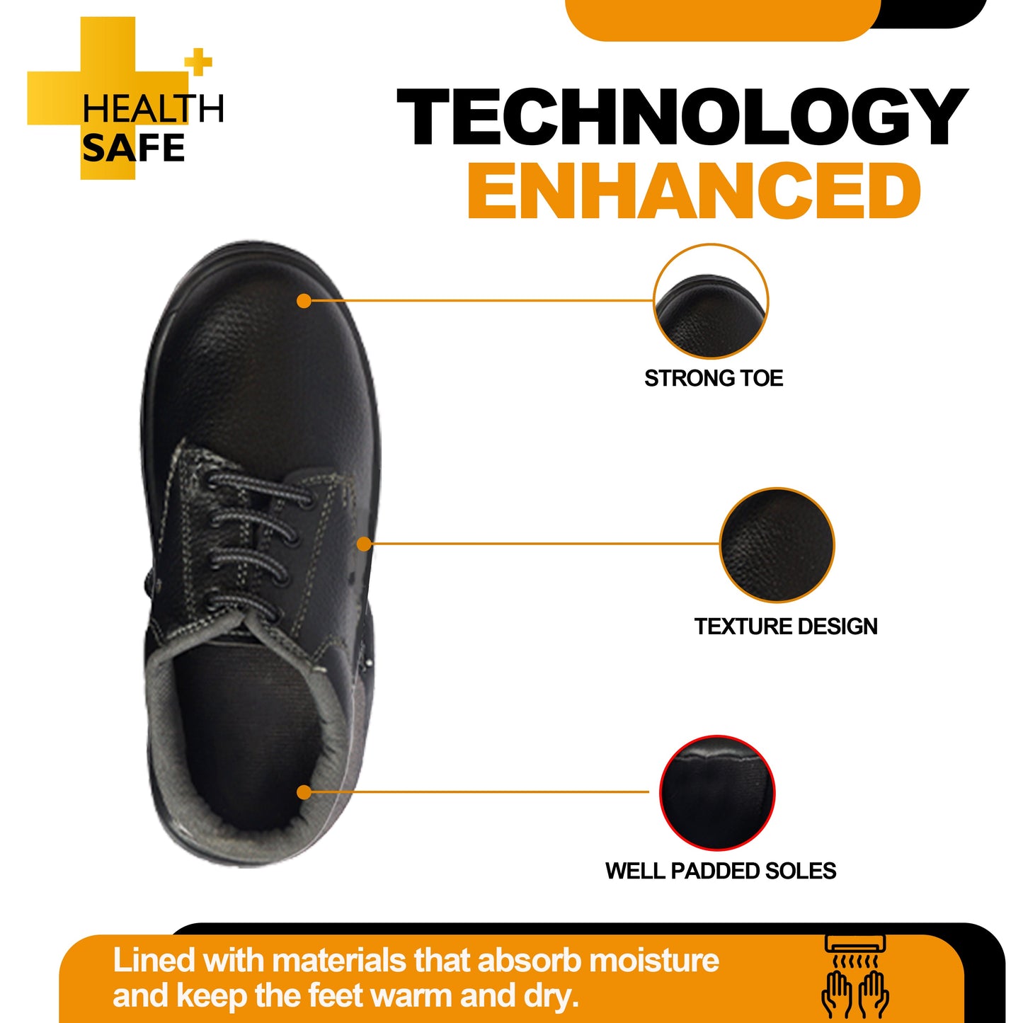 Health Safe Low Ankle Safety Shoes For Men & Women, Synthetic Leather Upper, Steel Toe Leather Safety Shoe (Black) Kunplast