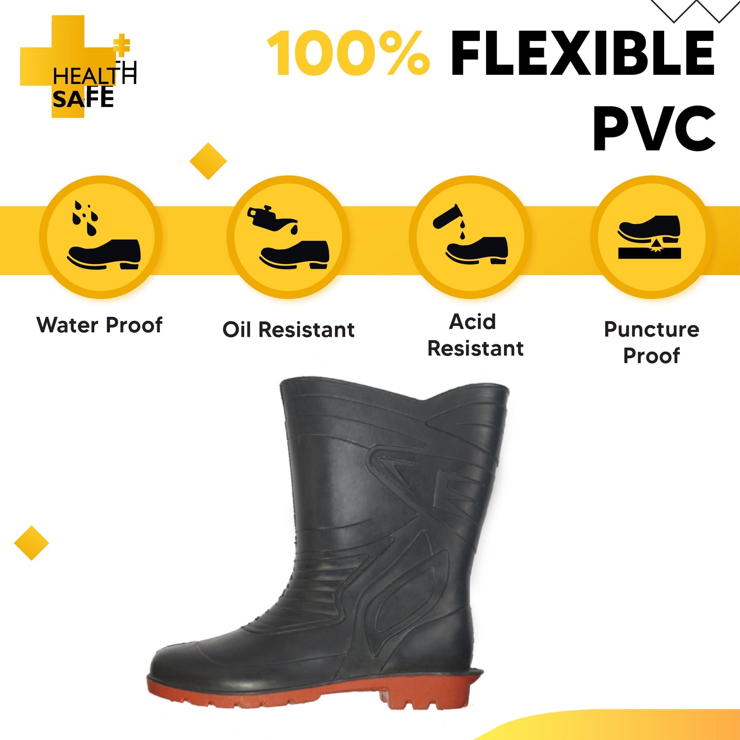 Health Safe Gum Boot For Men, (28.5cm Height) (Black/Red) Flexible PVC, Puncture & Tear Resistant, Anti-Slip, Oil/Water/Acid Resistance, Lightweight, Industrial/Labor Purpose, Unisex Gumboot Kunplast