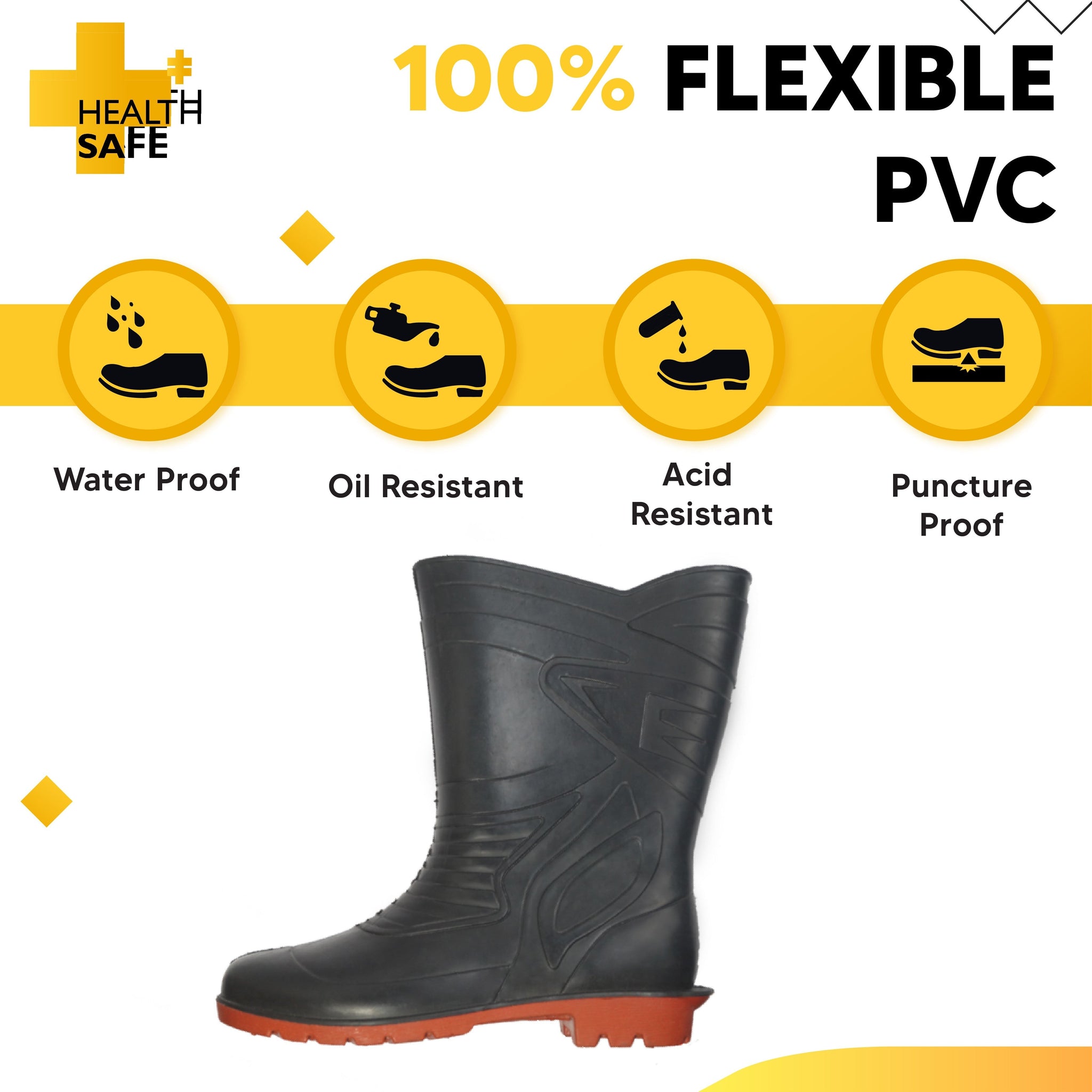 Health Safe Gum Boot For Men, (28.5cm Height) (Black/Red) Flexible PVC, Puncture & Tear Resistant, Anti-Slip, Oil/Water/Acid Resistance, Lightweight, Industrial/Labor Purpose, Unisex Gumboot Kunplast