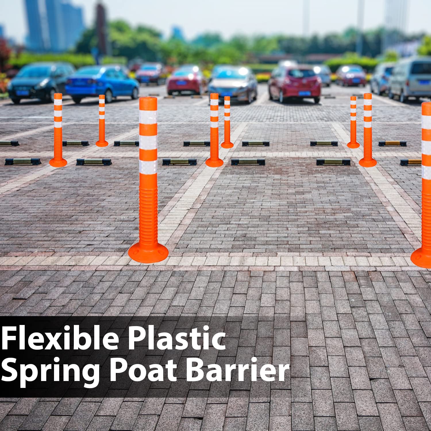 Kunplast Flexible Plastic Spring Post Barrier (Pack of 6) High Grade Polymer Material With 3 White Reflective Tapes Easy To Install Safety T- Top Bollard Barrier Parking Block (Orange) Kunplast