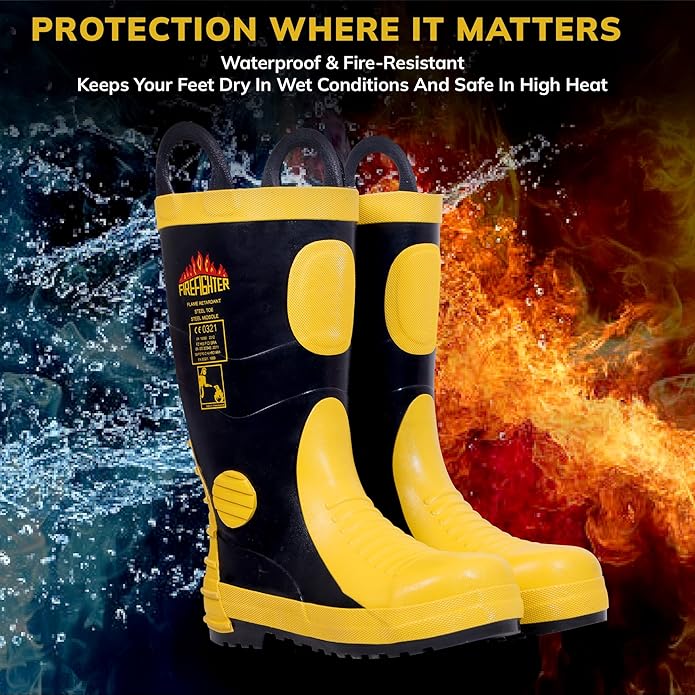 Steel Toe Fire Safety Gumboot - Yellow | Anti-Slip & Anti-Puncture Sole Fire Boots for Men| High Temperature Rubber Industrial Work Fire Gumboots for Construction, Firefighters Kunplast