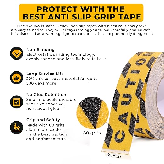 Caution Warning Anti Skid/Anti Slip Tape (18 Meter 50MM) Solvent Acrylic Adhesive Tape for Slippery Floors, Staircase, Ramps, Indoor, Outdoor Use Kunplast