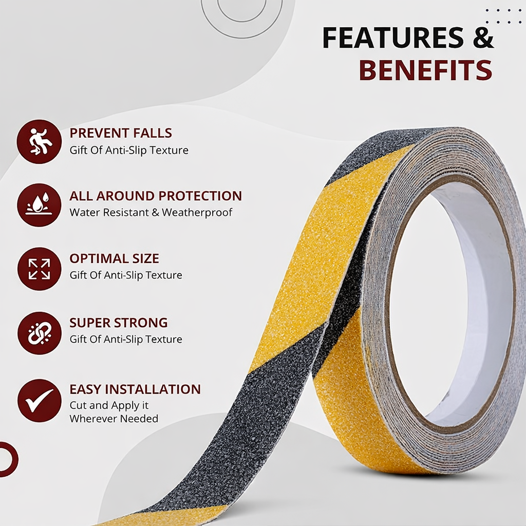 Anti Skid/Anti Slip Tape Fall Resistant with PET Material and Solvent Acrylic Adhesive Tape for Slippery Floors, Staircase, Ramps, Indoor, Outdoor Use (Yellow & Black) Kunplast