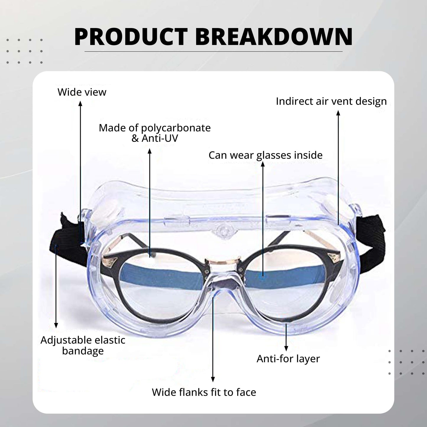 Chemical Safety Goggles | Premium Quality | Adjustable Strap | Anti-Fog Protective Safety Goggles | Anti- Scratch Safety Goggles | Clear Lens Wide Vision Kunplast