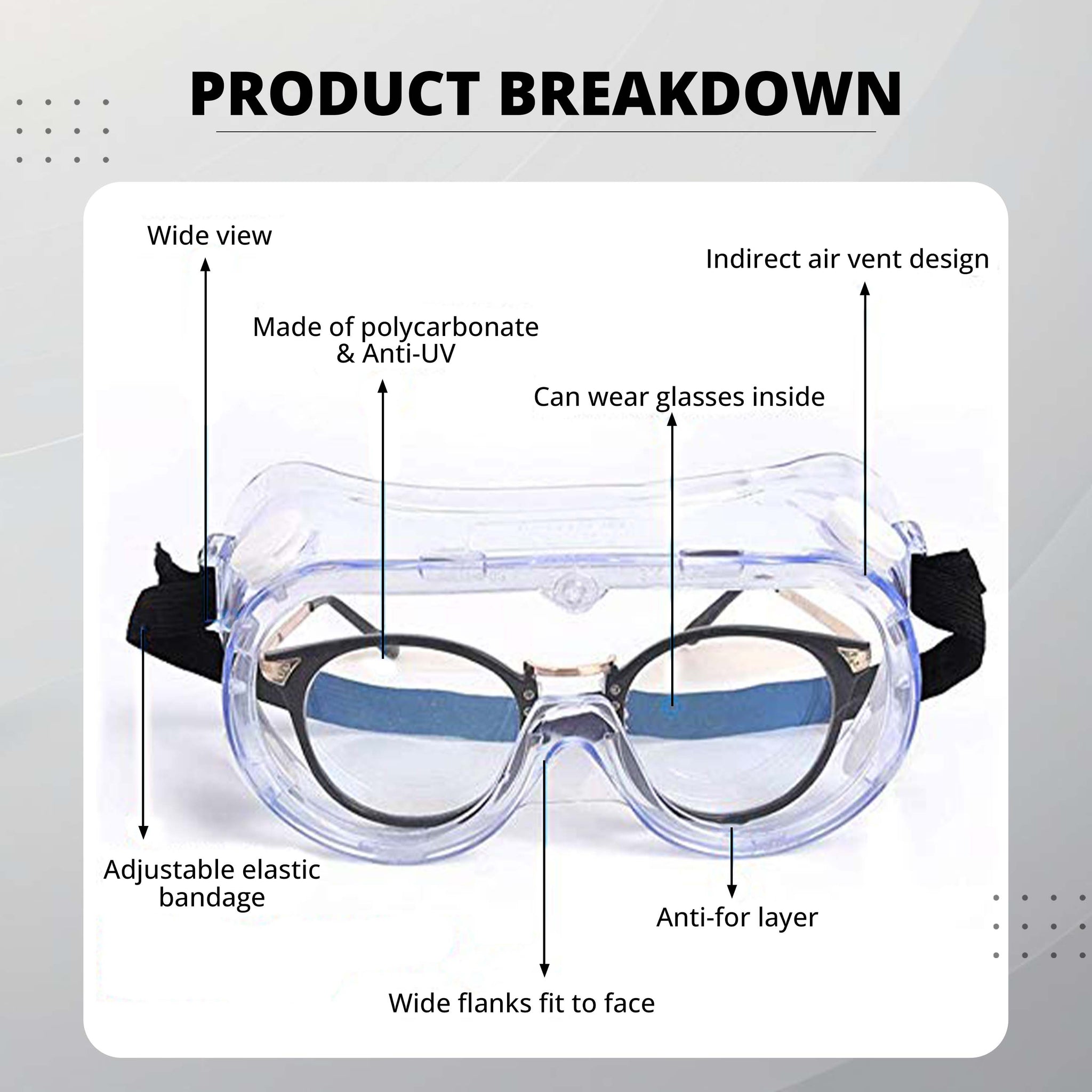Chemical Safety Goggles | Premium Quality | Adjustable Strap | Anti-Fog Protective Safety Goggles | Anti- Scratch Safety Goggles | Clear Lens Wide Vision Kunplast