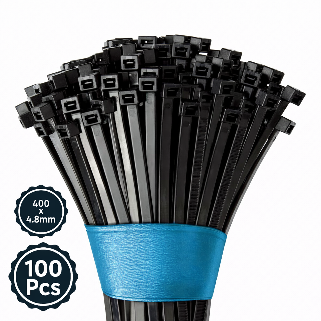 Self Locking Cable Ties, 400 X 4.8 mm, Black, Heat Resistant Cable Zip Ties, Self-Locking Cable Organizer, Anti - Slip Wire Organizer, For Indoor & Outdoor Use Kunplast