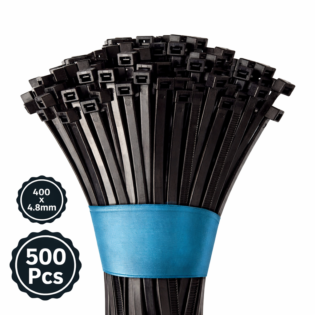 Self Locking Cable Ties, 400 X 4.8 mm, Black, Heat Resistant Cable Zip Ties, Self-Locking Cable Organizer, Anti - Slip Wire Organizer, For Indoor & Outdoor Use Kunplast