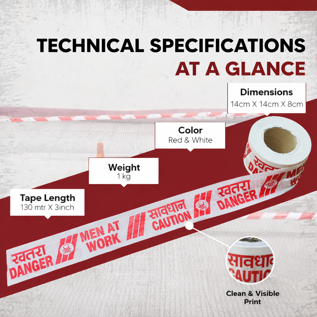White & Red Barrication Tape (3 Inches x 130 Mtr) PVC Material, Caution/Danger/Men at Work, Warning Tape Kunplast