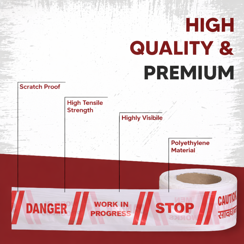 White & Red Barrication Tape (3 Inches x 130 Mtr) PVC Material, Caution/Danger/Men at Work, Warning Tape Kunplast