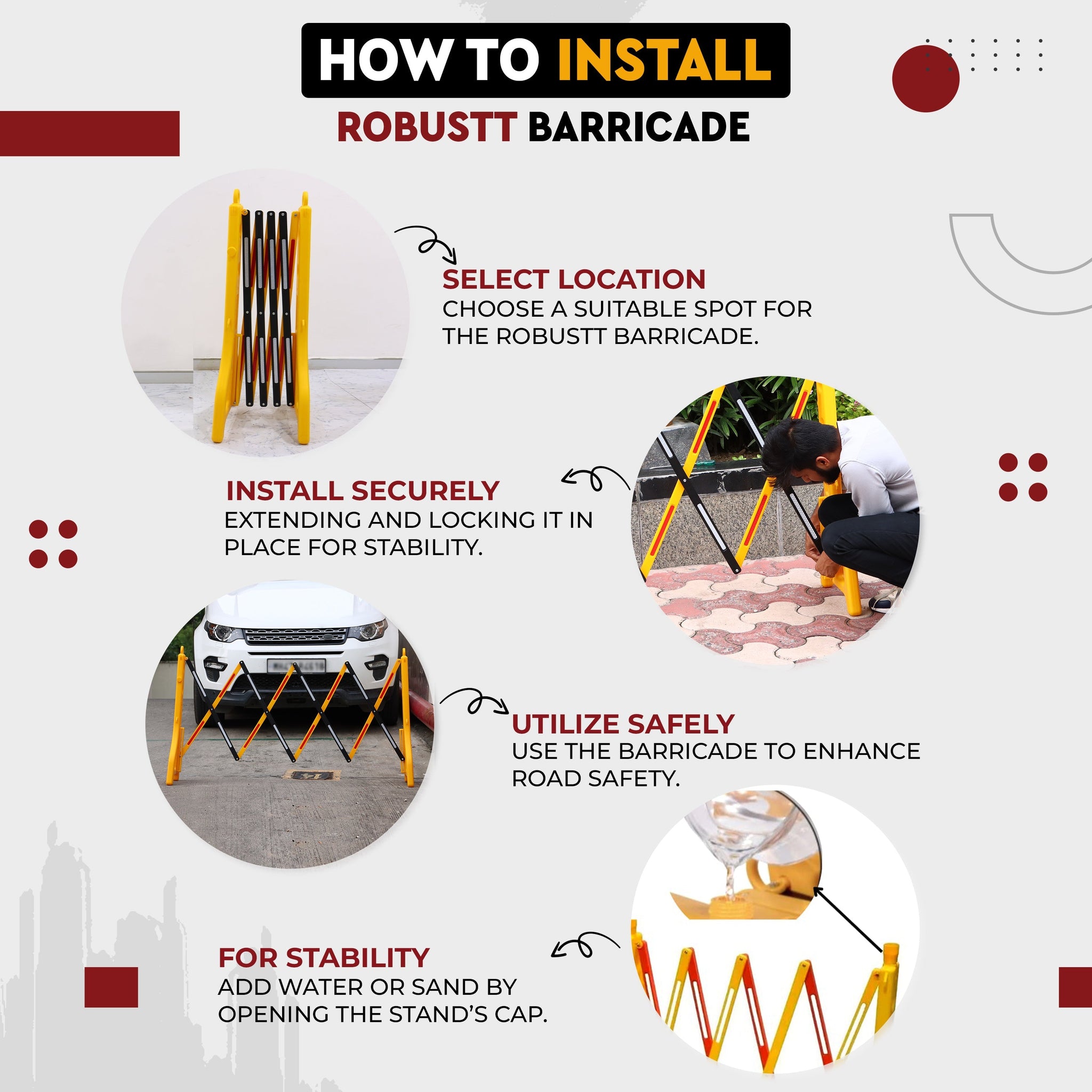 Yellow & Red Expandable Barricade, 8.3 Feet, Adjustable Road Barricade with Reflective Strips Kunplast